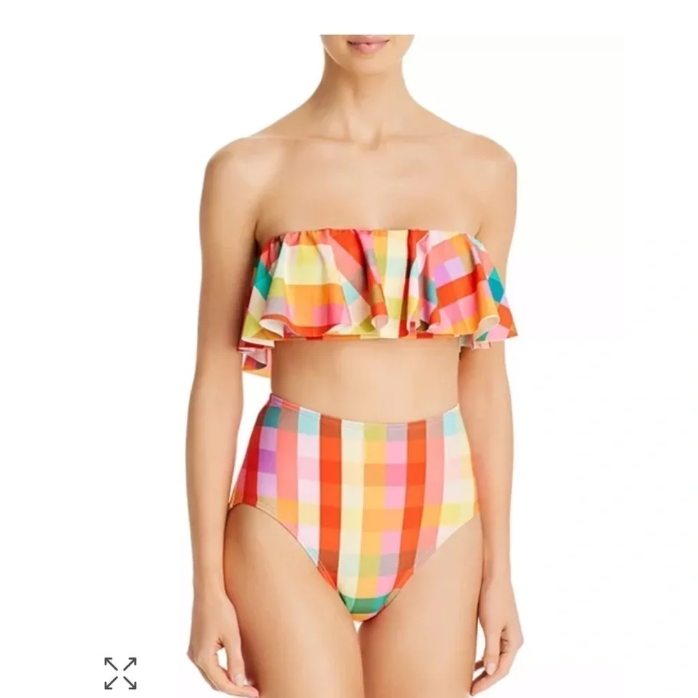 Kate Spade Garden Plaid Ruffled Bandeau Bikini Top